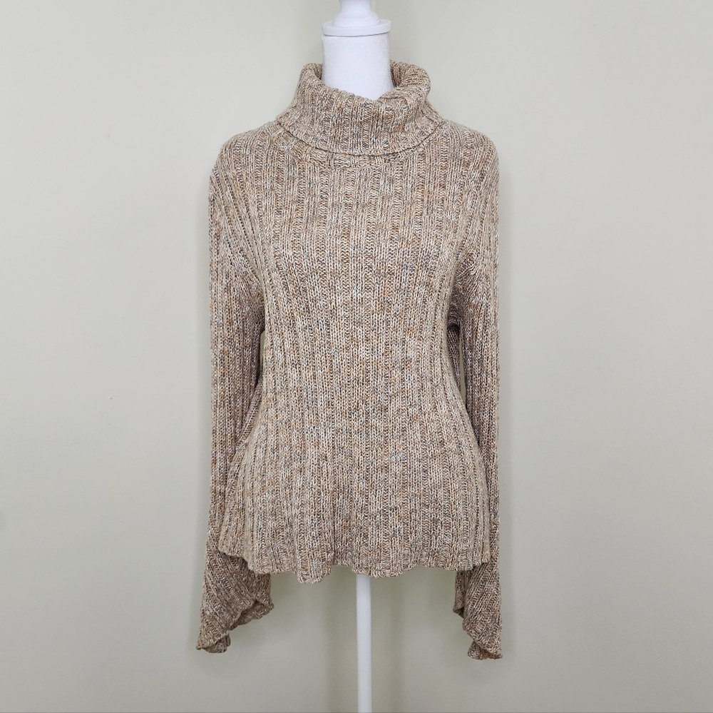 View Vintage Tan Marled Turtleneck Trumpet Sleeve Cable Knit Sweater Large Y2K
